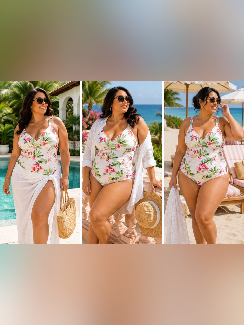 Plus Size Jantzen Floral Swimsuit in White with Green & Pink - Picture 2 of 11